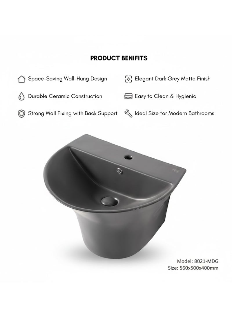 PURE Wall Hung Wash Basin Grey Matt | Modern Bathroom Sink | Space Saving Floating Design | Ceramic Basin | Easy Clean | Premium Bathroom Fixture - Image 3
